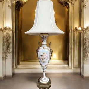 Antique Signed Dresden France Handpaint Ormolu Porcelain Angel Cherub Vase Lamp